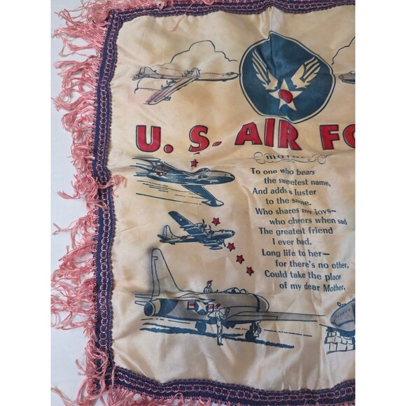 Vintage US AIR FORCE  Silk Pillow Case Fringed Mother Poem WW2 Soldier Military - Picture 2 of 7